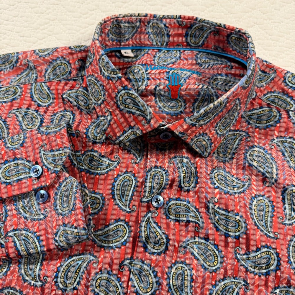 Visconti Black Men's Paisley Print Button Down Shirt XL Red Blue Long Sleeve